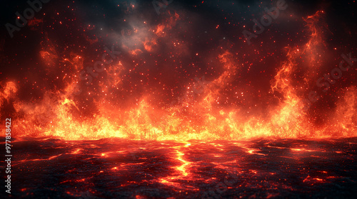 Abstract background with red and orange flames on a dark sky, red fire sparks flying in space, lava flowing down. Firestorm concept. Abstract background.