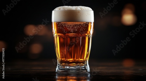 A cold glass of craft beer with foam served against a dark background in a co...
