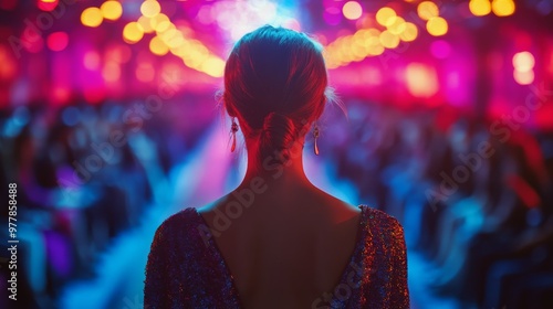 Model walks down the runway during a vibrant fashion show with colorful light...