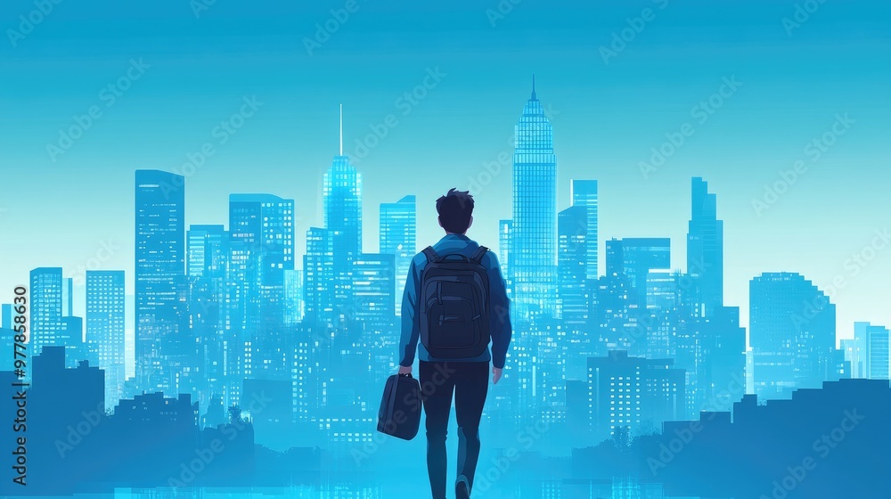 Man with Backpack Walking into City Skyline at Dusk: Urban Exploration and Adventure Man with Backpack Walking into City Skyline at Dusk: Urban Exploration and Adventure