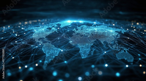 Digital representation of a connected world illuminated by glowing network po...