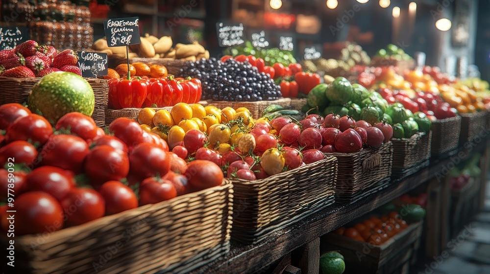 Inviting market table, fresh fruits, vegetables, bright lighting, vibrant colors. Inviting market table, fresh fruits, vegetables, bright lighting, vibrant colors.