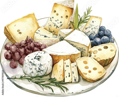 vector illustration cheese plate, isolated on white background, delicious wine snack set
