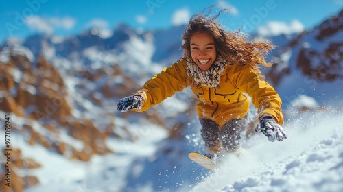A young woman enjoys snowboarding down a snowy slope on a bright winter day i...