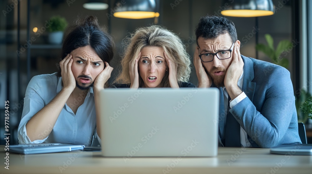 Shocked Colleagues Reacting to Laptop Screen Shocked Colleagues Reacting to Laptop Screen