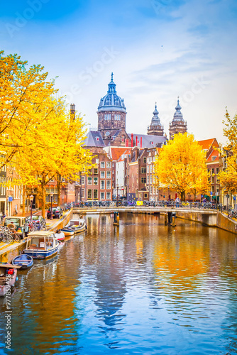 Church of St Nicholas, old town canal, Amsterdam, Holland at fall