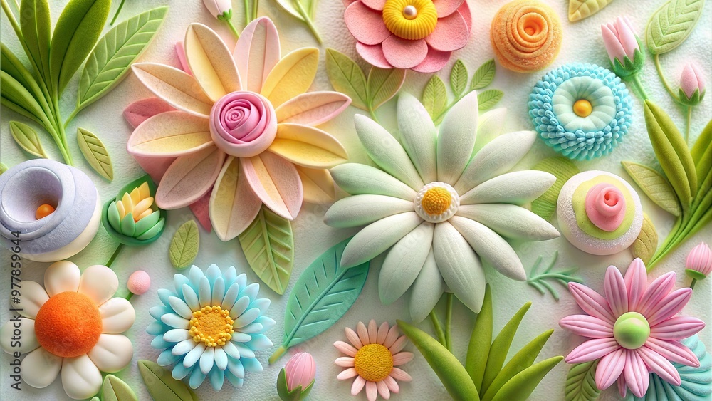 Fototapeta premium Colorful felt flowers and leaves, handmade floral craft for spring and summer decor