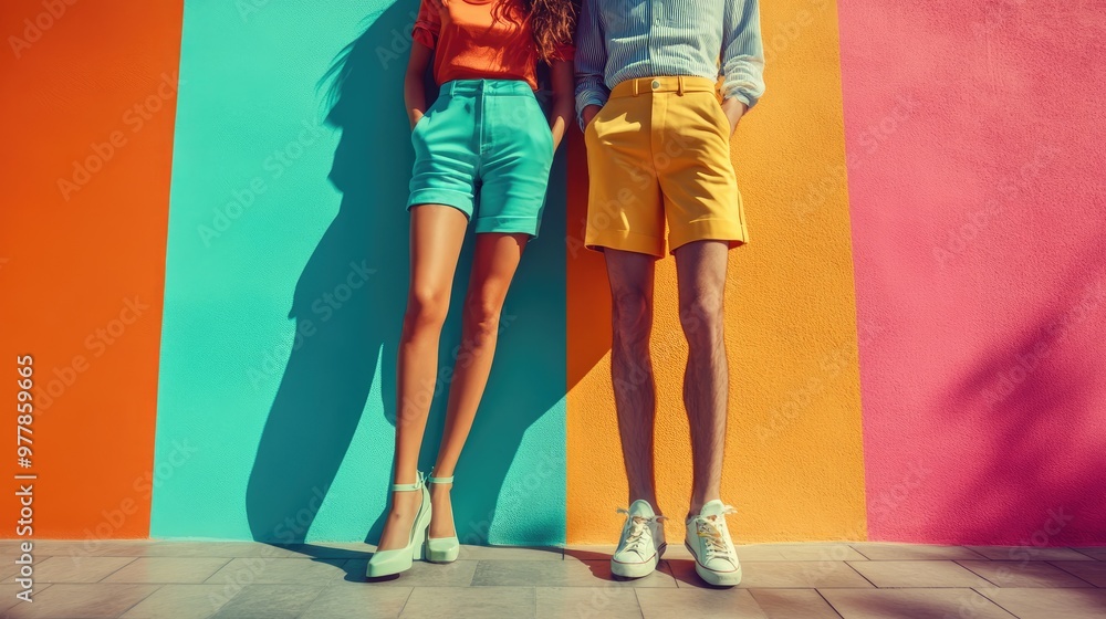 Vibrant Fashion: Colorful Summer Outfits Against Bright Striped Background Vibrant Fashion: Colorful Summer Outfits Against Bright Striped Background