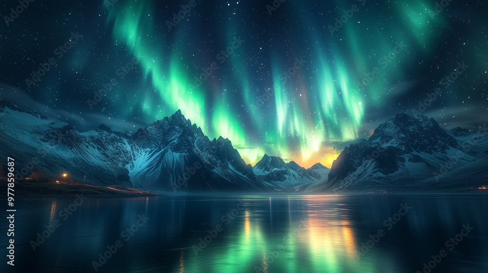 Naklejka premium Aurora borealis in a mountainous area. Night. Professional photo.