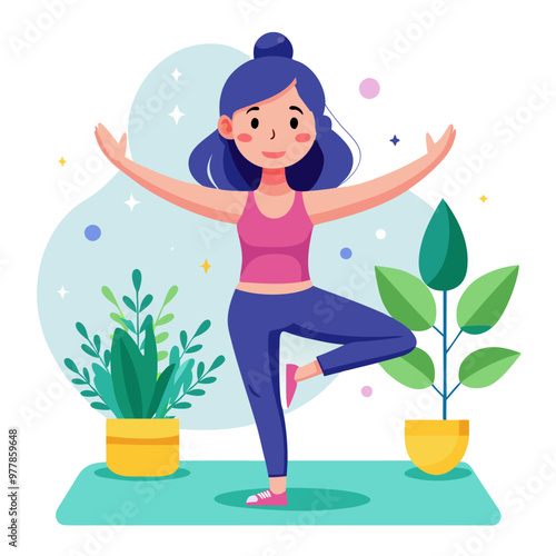 Young happy woman doing yoga. Vector illustration in flat style