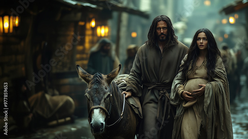 Joseph and pregnant Mary arriving at the gates of Bethlehem, under a darkening sky, leading a tired donkey through narrow, crowded streets.