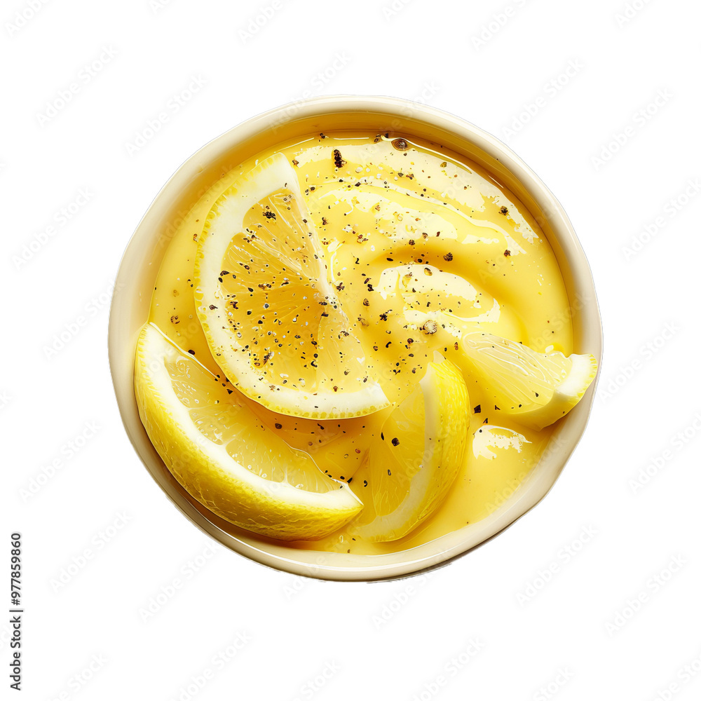 Bowl containing lemon curd dessert preparation is topped with lemon slices and freshly ground black pepper Bowl containing lemon curd dessert preparation is topped with lemon slices and freshly ground black pepper