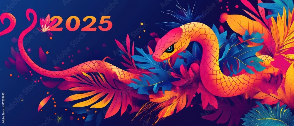 Obraz premium Vibrant 2025 Tropical Snake with Colorful Foliage, Modern Illustration Design