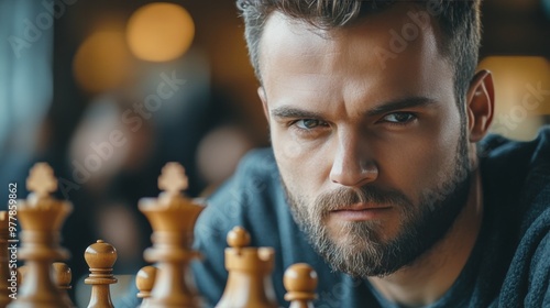 A focused young man contemplating his next move in a chess match during a coz...