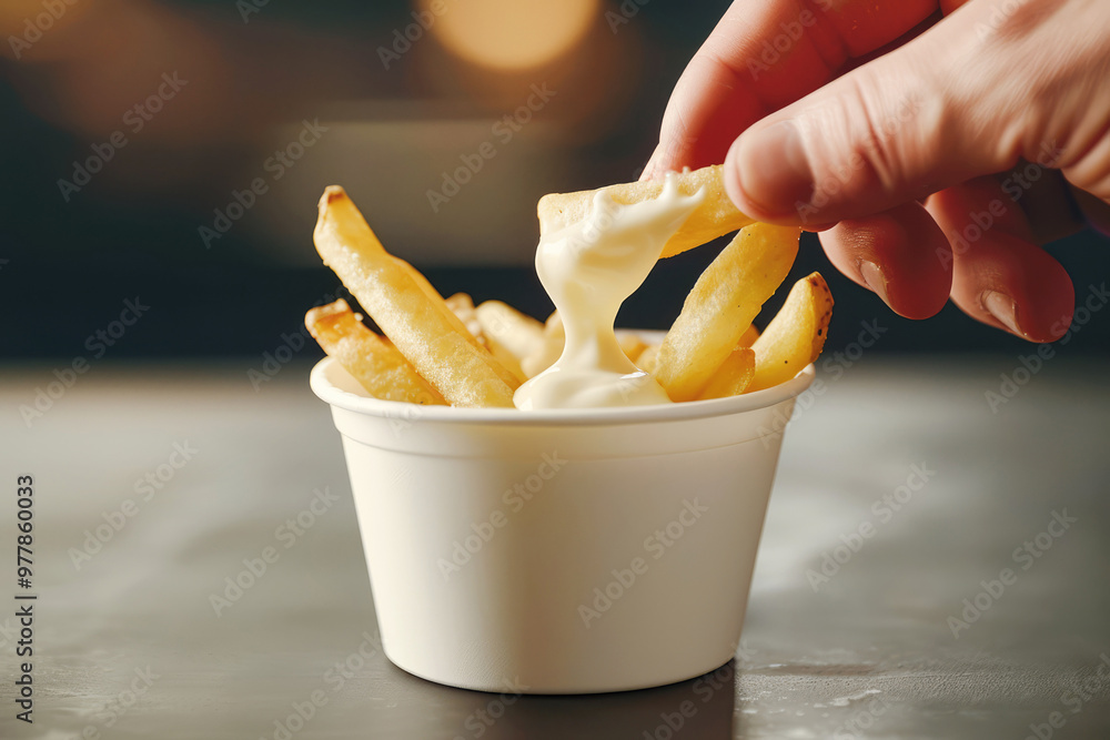 Crispy golden French fries being dipped into a creamy mayonnaise sauce, capturing the tasty and indulgent nature of this popular snack