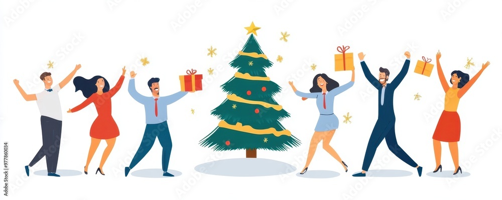 Happy business team celebrating Christmas and New Year, dancing around the Christmas tree with gifts on a white background Generative AI Happy business team celebrating Christmas and New Year, dancing around the Christmas tree with gifts on a white background Generative AI