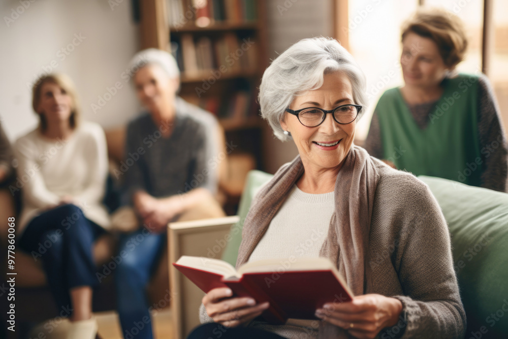 In the cozy comfort of home, a group of senior women gathers for their book club meeting, sharing smiles and lively conversation over their latest literary discovery.
