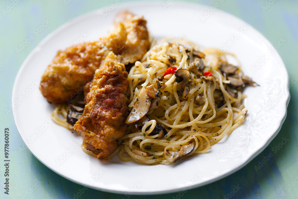 aglio olio pasta with battered fish