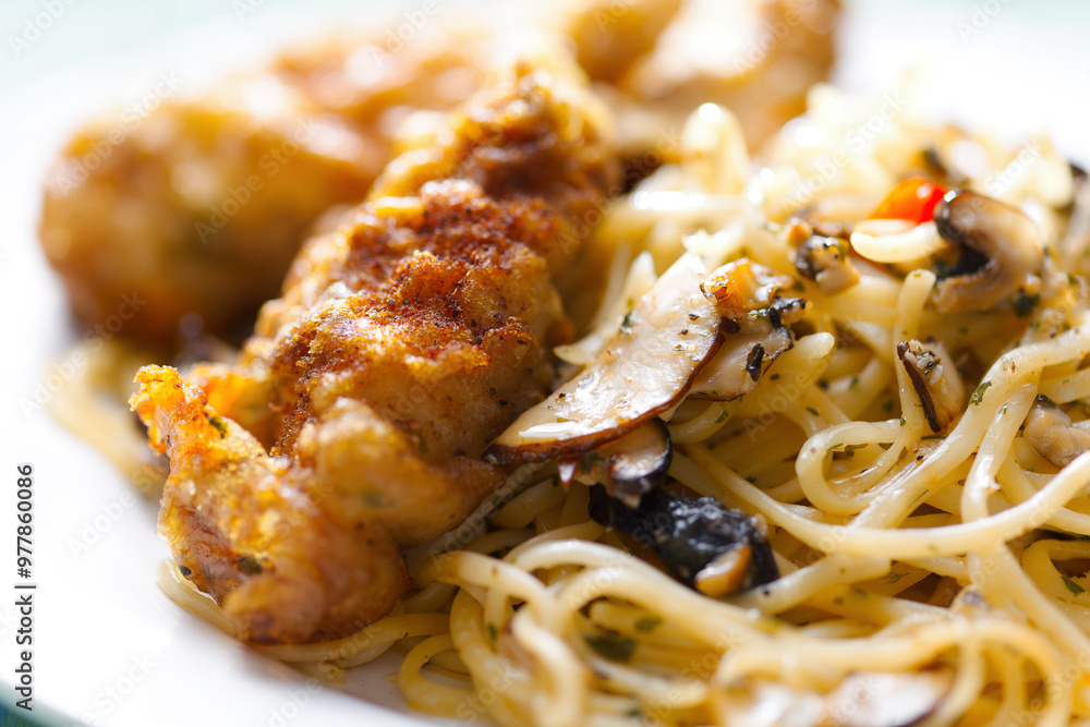 aglio olio pasta with battered fish