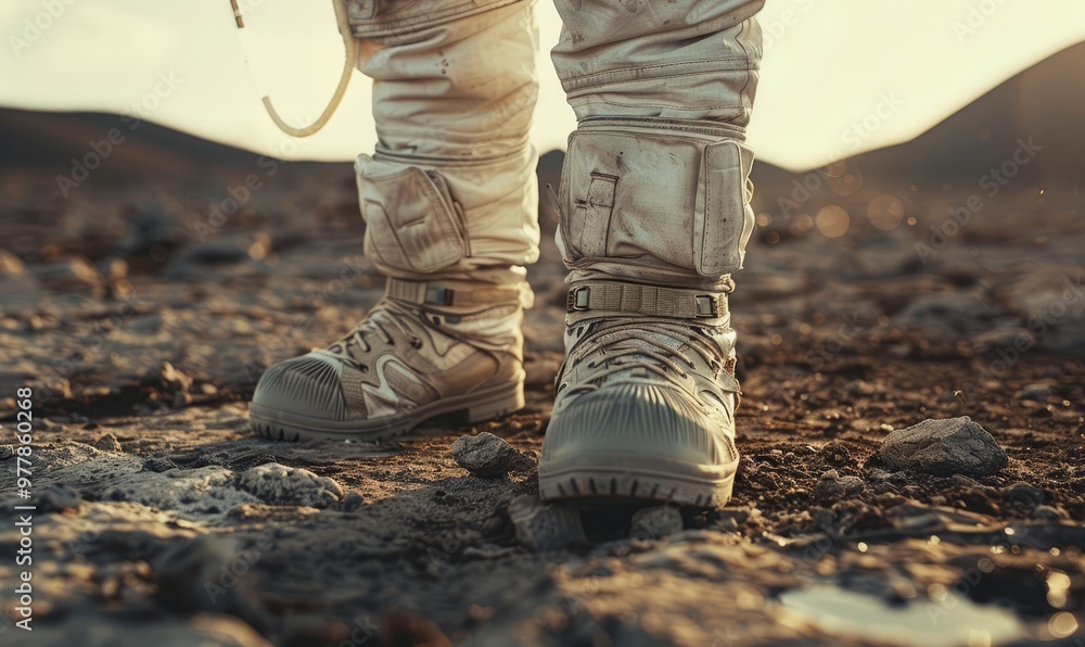 Close up of feet wearing astronaut boots, moonwalk. Close up of feet wearing astronaut boots, moonwalk.