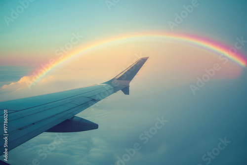 Obraz na płótnie A vibrant rainbow arcs across the sky, seen from the window of an airplane during flight, creating a magical travel moment w salonie