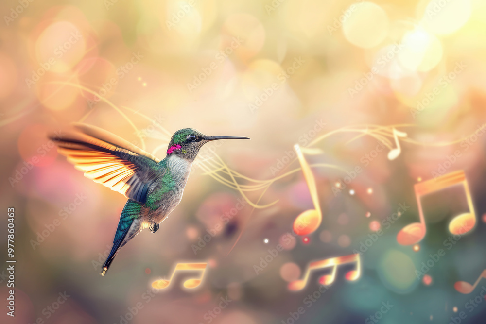 Naklejka premium bird, singing a melodious tune with musical notes floating around it, set against a dreamy, bokeh background