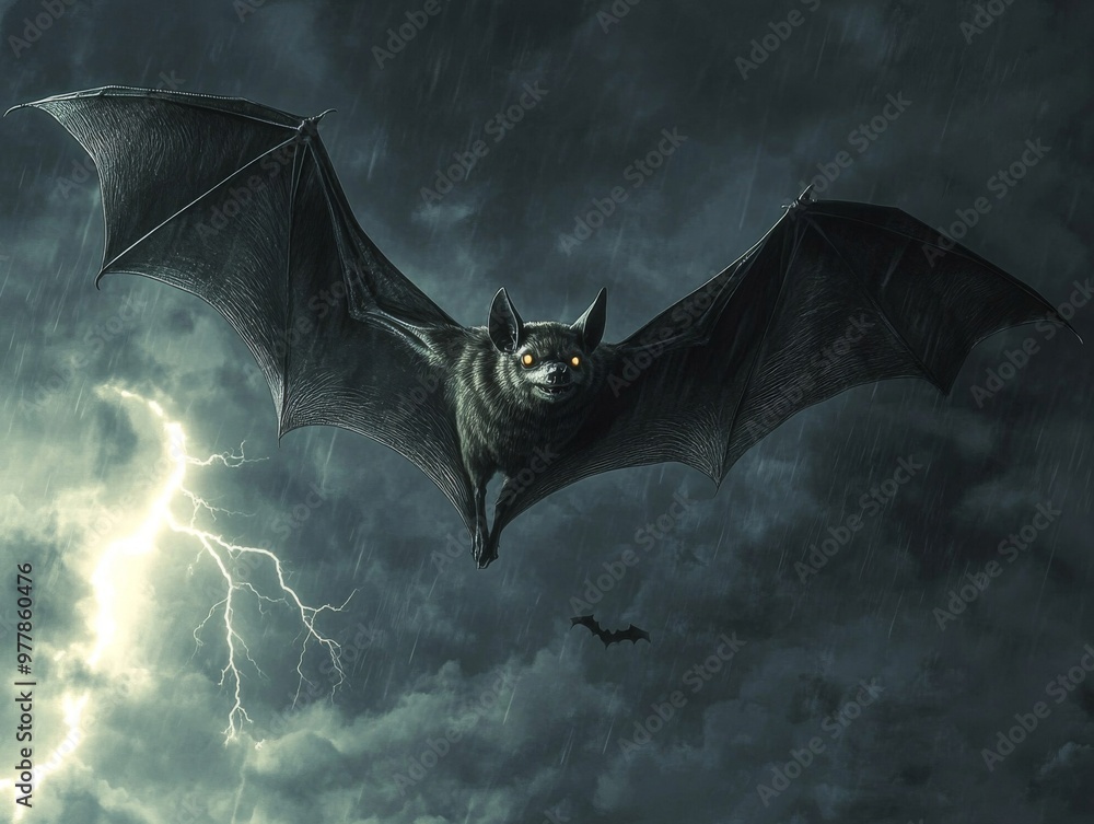 Naklejka premium A Black Bat Soaring Through a Stormy Sky
