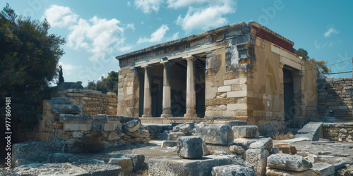 Exploring the majestic ruins of Knossos, where ancient columns stand tall amidst weathered stone, reflecting the splendor of Minoan culture in a serene landscape