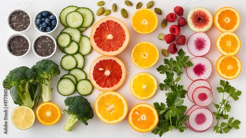 Assorted Fresh Fruits and Vegetables, Colorful Healthy Food Ingredients, Top View, Flat Lay with Copyspace, Minimalist White Background 