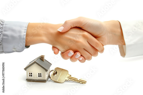 A real estate agent shaking hands with a buyer, symbolizing a successful agreement in a home purchase