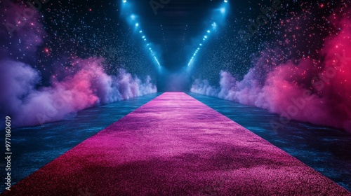 Purple stage lighting creates a vibrant atmosphere for a performance in a the...