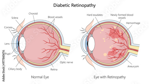 Normal eye and one affected by diabetic retinopathy, hemorrhages, aneurysms, and newly formed blood vessels hand-drawn schematic raster illustration. Medical science educational illustration