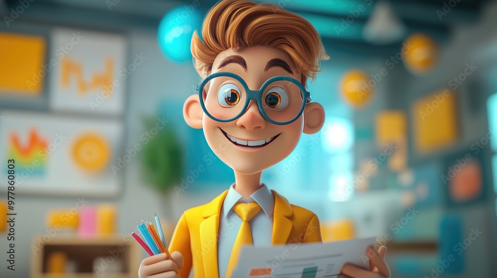 Young Professional Animated Character with Documents in Modern Office Setting Young Professional Animated Character with Documents in Modern Office Setting