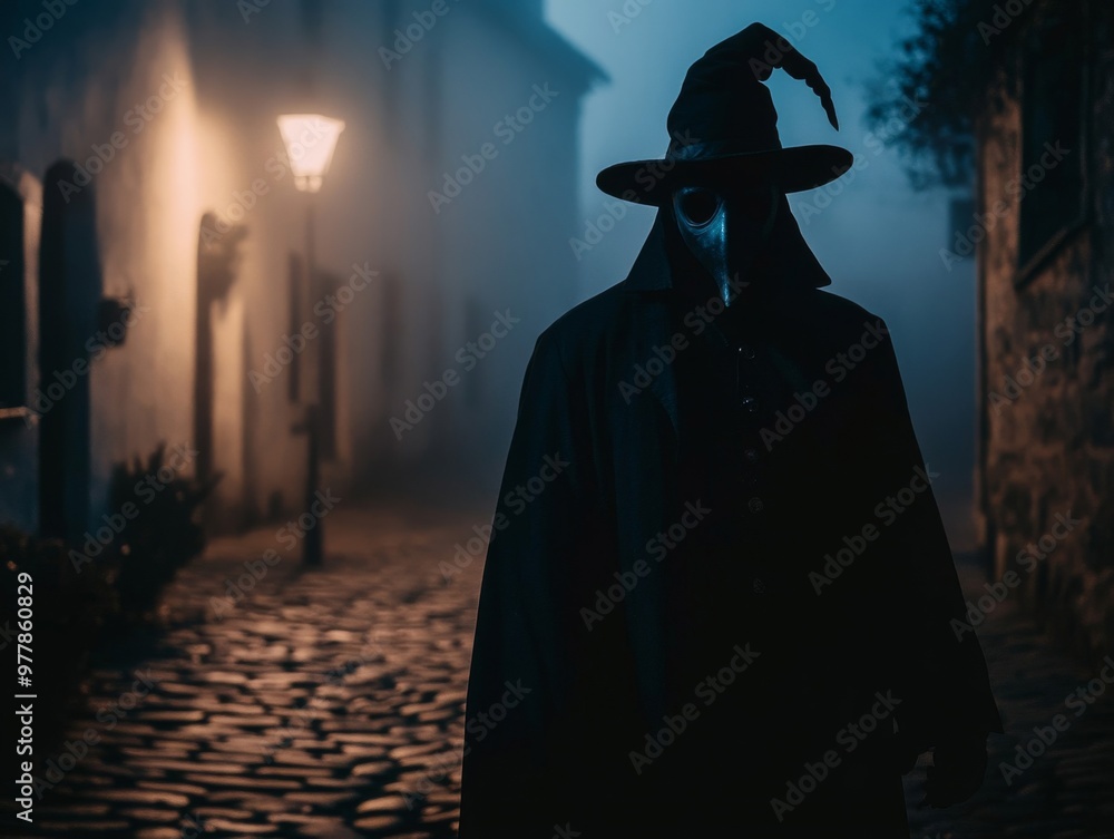 A Silhouetted Figure in a Plague Doctor Mask Walks Through a Foggy Street at Night A Silhouetted Figure in a Plague Doctor Mask Walks Through a Foggy Street at Night