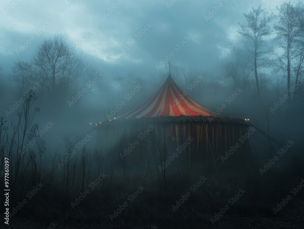 A Red and White Striped Tent in a Foggy Forest at Night A Red and White Striped Tent in a Foggy Forest at Night