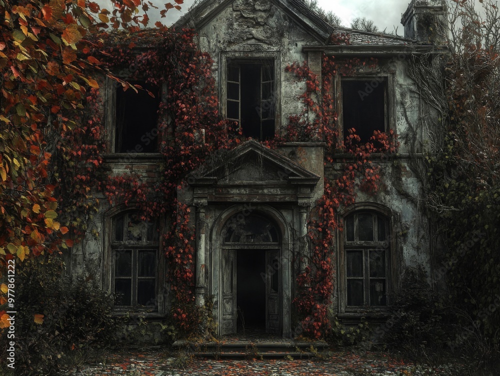 An Abandoned Stone House Covered in Vines and Fall Foliage An Abandoned Stone House Covered in Vines and Fall Foliage