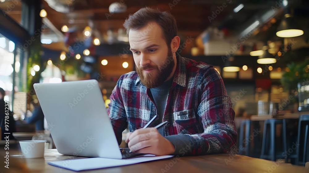 Bearded Man Working on Laptop in a Cafe Bearded Man Working on Laptop in a Cafe