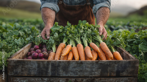 Farmer and organic vegetable field in the background. Carrots and lush green leaves. 