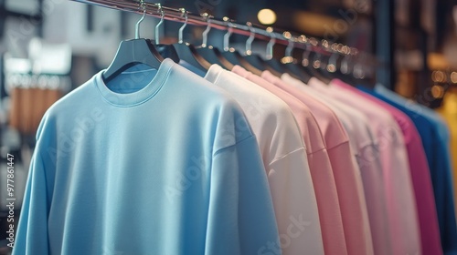 Colorful display of T-shirts hanging in a clothing store featuring various pa...