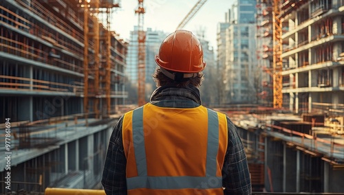 A civil engineer stands looking at the construction site.