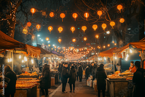 A vibrant night market filled with colorful lanterns and delicious street food delights on a festive evening