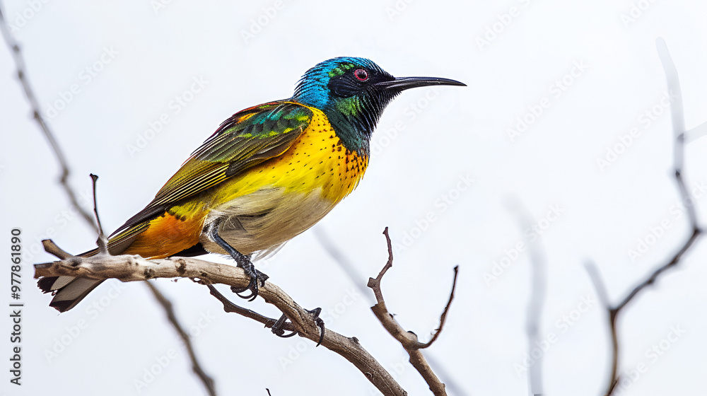 Obraz premium A vibrant sunbird perched on a twig on a white background with copy space, shimmering iridescent feathers