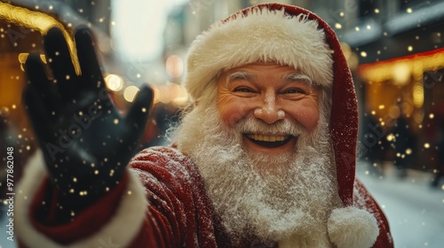Jolly figure of Santa Claus greeting guests during the festive holiday season