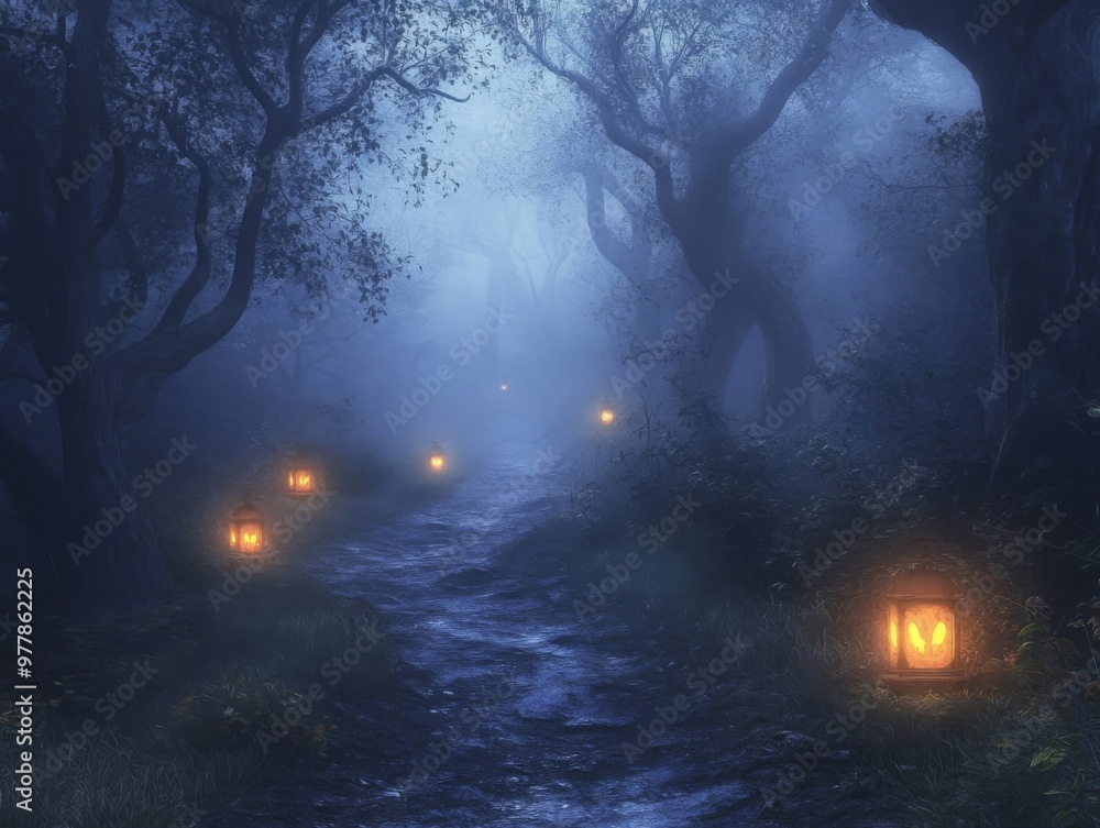 Obraz premium A Foggy Forest Path Lit by Lanterns