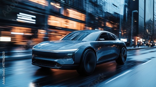 Futuristic Electric Car on Wet Street in Modern City at Night, High-Speed Driving Through Rainy Urban Landscape