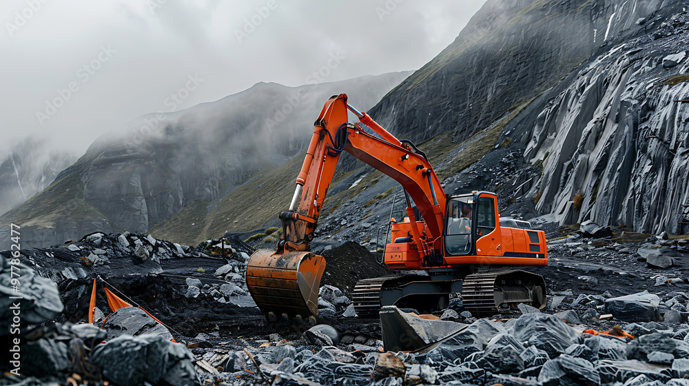 an orange excavator working on a rocky terrain with a misty mountain backdrop. The excavator’s arm is extended, and its bucket is in contact with the ground an orange excavator working on a rocky terrain with a misty mountain backdrop. The excavator’s arm is extended, and its bucket is in contact with the ground