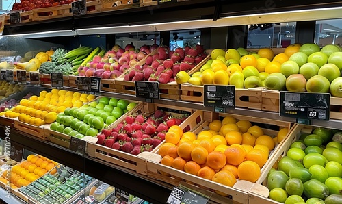 A fruit stand with a variety of fruits including apples, oranges, and bananas