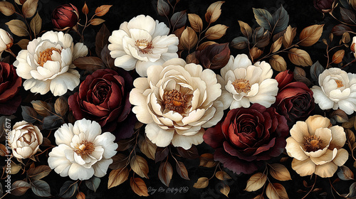 Seamless pattern of dark floral and roses, white peonies, burgundy red flowers, brown leaves, on a black background, in a watercolor style, detailed and vintage, in the style of an oil painting.