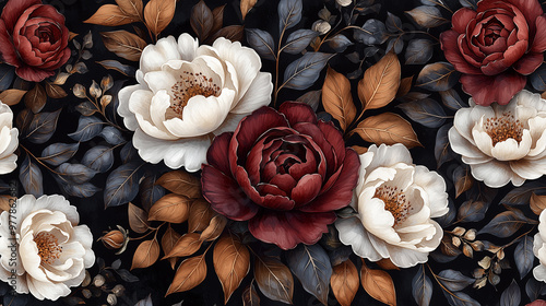 Seamless pattern of dark floral and roses, white peonies, burgundy red flowers, brown leaves, on a black background, in a watercolor style, detailed and vintage, in the style of an oil painting.
