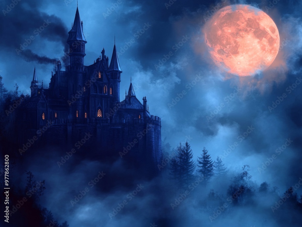 A Mysterious Stone Castle Bathed in Moonlight and Fog A Mysterious Stone Castle Bathed in Moonlight and Fog